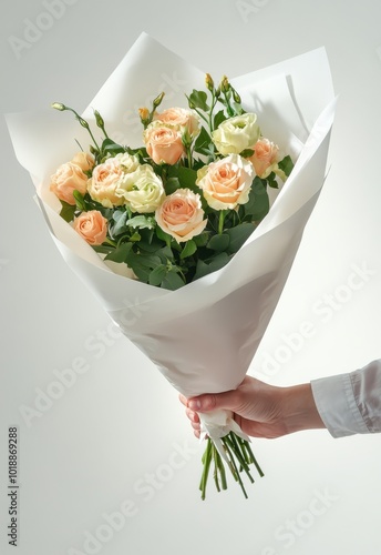 Beautiful bouquet of peach and white roses held in a hand against a neutral b...