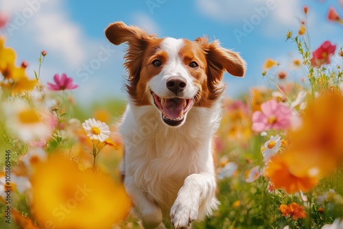 A joyful dog runs through a vibrant field of blooming flowers in springtime s...