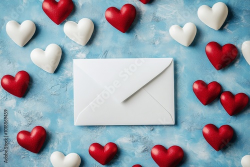 Heart-shaped decorations frame a blue envelope on a pastel background for rom...