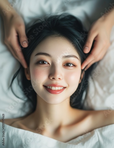 Relaxing facial treatment at a spa with a smiling woman receiving a massage