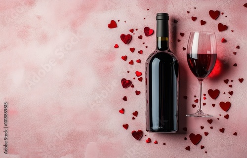 Romantic red wine with heart decorations for a perfect Valentines Day celebra...