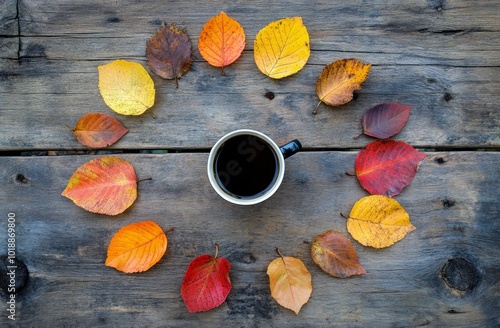 A cozy autumn arrangement of colorful leaves surrounding a steaming cup of co...