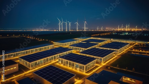 Modern smart city at night powered by solar panels and wind turbines, illuminated by energy-efficient lighting. Perfect for showcasing renewable energy solutions and futuristic urban design