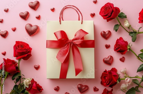A romantic gift box adorned with red roses and hearts for a special occasion