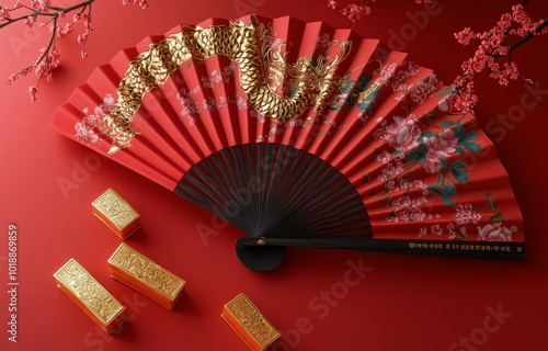 Elegant red fan with dragon design and gold decorations on a festive table se...