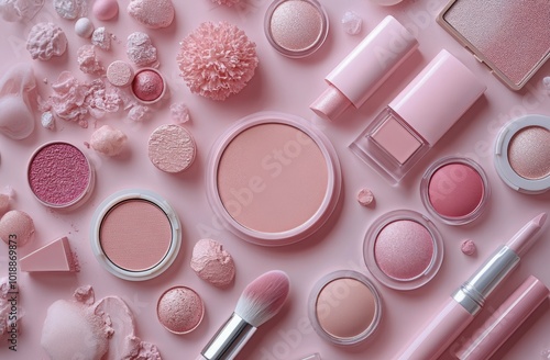 Variety of pink cosmetic products arranged on a pastel pink background for be...
