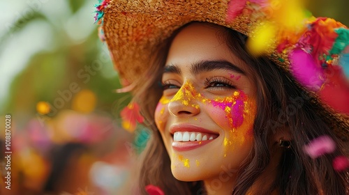 A joyful woman with a straw hat smiles brightly, adorned with vibrant colors during a festive celebration or cultural event. photo