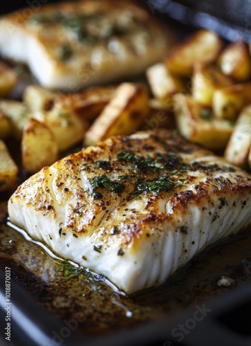 Deliciously seasoned fish fillet served with golden fries on a rustic wooden ...