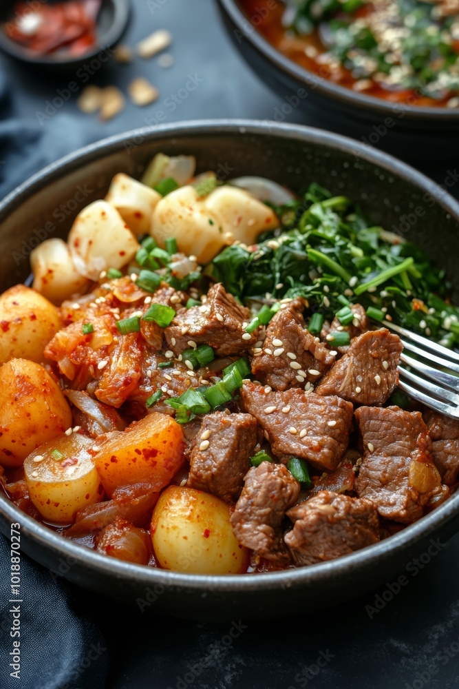 Savory beef stew with vegetables and herbs served in a black bowl on a dark table Savory beef stew with vegetables and herbs served in a black bowl on a dark table