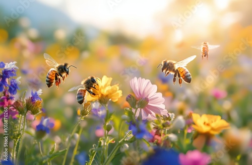 Bees pollinating colorful flowers in a vibrant summer meadow at sunset photo