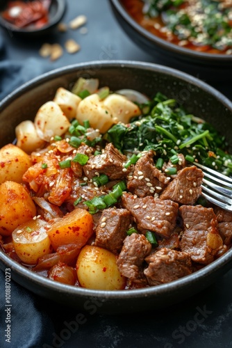 Savory beef stew with vegetables and herbs served in a black bowl on a dark table