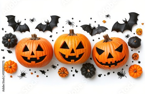 Halloween decorations featuring carved pumpkins, spiders, and bats on a white...