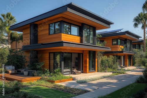 modern ecofriendly multifamily homes equipped with photovoltaic cells showcasing sustainable living and innovative architecture in a vibrant green environment