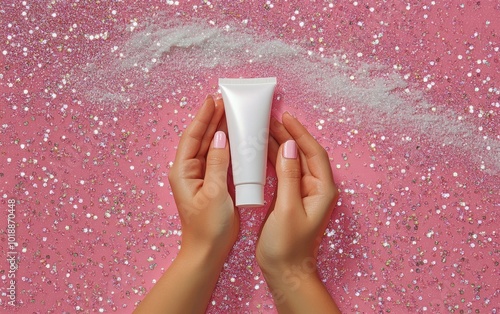 Hands holding a white cosmetic tube over a sparkling pink background filled w...