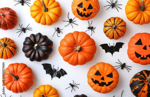 Halloween decorations featuring carved pumpkins, spiders, and bats on a white...