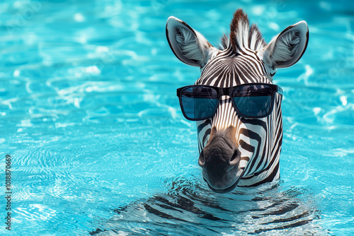 Portrait of a zebra wearing sunglasses in the swimming pool