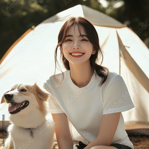 Cheerful woman enjoying a sunny day outdoors beside her happy corgi near a ca...