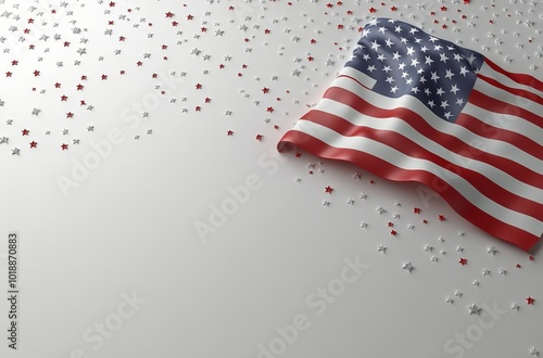 American flag with red and silver stars scattered on a light background for a...