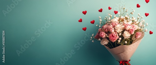 Beautiful bouquet of roses with decorative hearts against a mint green backgr...