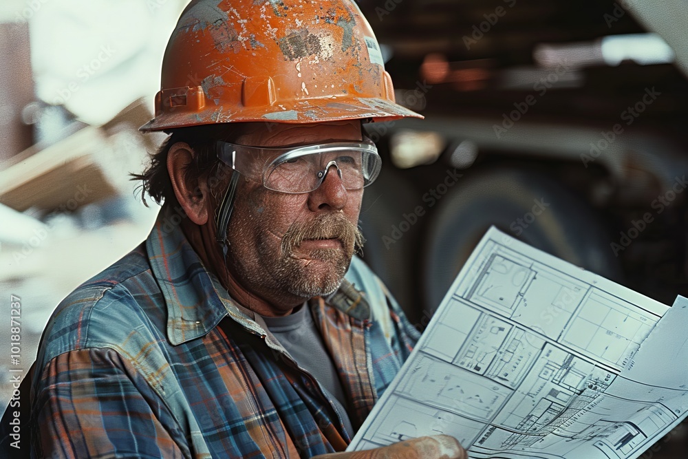 Experienced Construction Worker Examining Building Blueprints Experienced Construction Worker Examining Building Blueprints