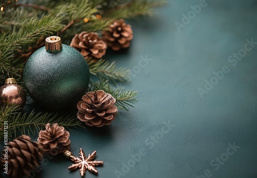 Festive holiday decorations with pine, berries, and ornaments on a green back...