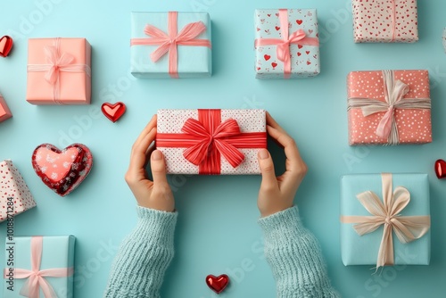 Hands with a wrapped gift among colorful presents and heart decor on a blue b...