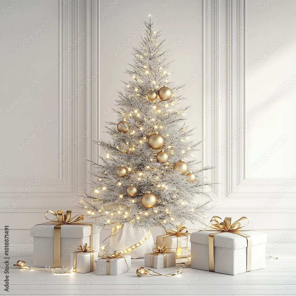 Christmas Tree Wrapped with Lights and Ornaments on Solid White Background Christmas Tree Wrapped with Lights and Ornaments on Solid White Background