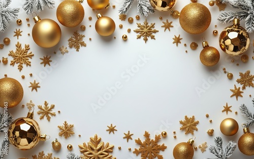 Elegant gold and white holiday decorations with ornaments and snowflakes on a...