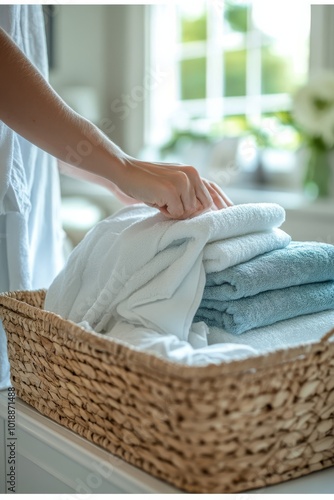 Organizing freshly laundered towels in a woven basket in a bright, cozy kitch...