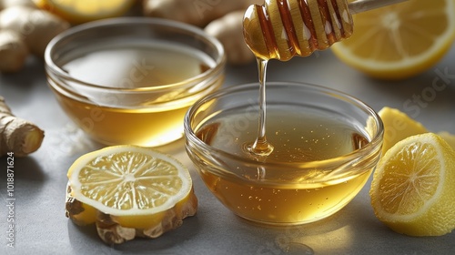 Freshly made honey with ginger and lemon served in bowls on a kitchen countertop