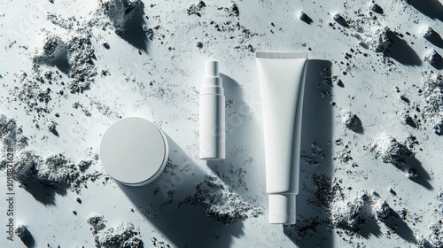 Minimalist display of skincare products on a textured surface with scattered ...