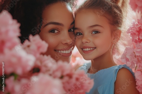 A joyful mother and daughter share a tender moment among pink flowers in a en...