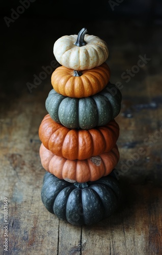 A creative arrangement of colorful pumpkins stacked on a rustic wooden table ...