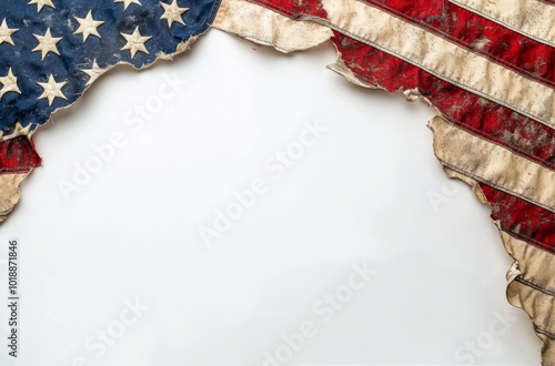 Worn American flag with faded colors displayed against a rustic background