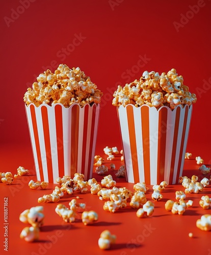 Warm, buttery popcorn spilling from striped containers on a vibrant red backg...