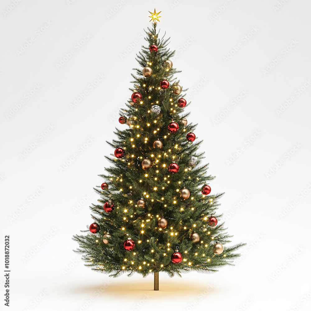 Christmas Tree Wrapped with Lights and Ornaments on Solid White Background Christmas Tree Wrapped with Lights and Ornaments on Solid White Background
