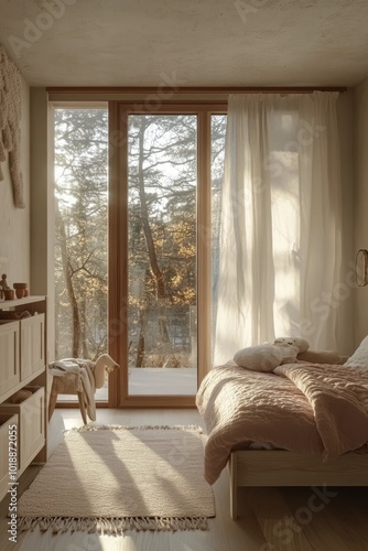 Cozy corner with natural light and soft decor in a serene room filled with gr...