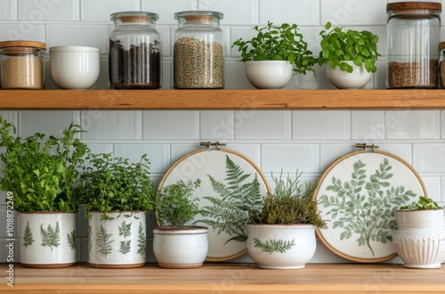 Rustic kitchen shelves filled with jars, herbs, and ceramic dishes in a cozy ...