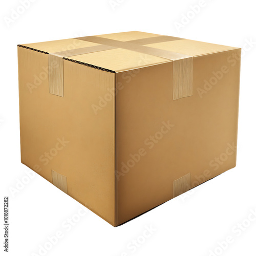 Brown cardboard box with tape, Transparent background.