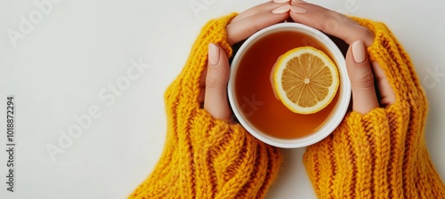 Warm hands holding a cozy cup of tea with lemon while wearing a knitted yello...