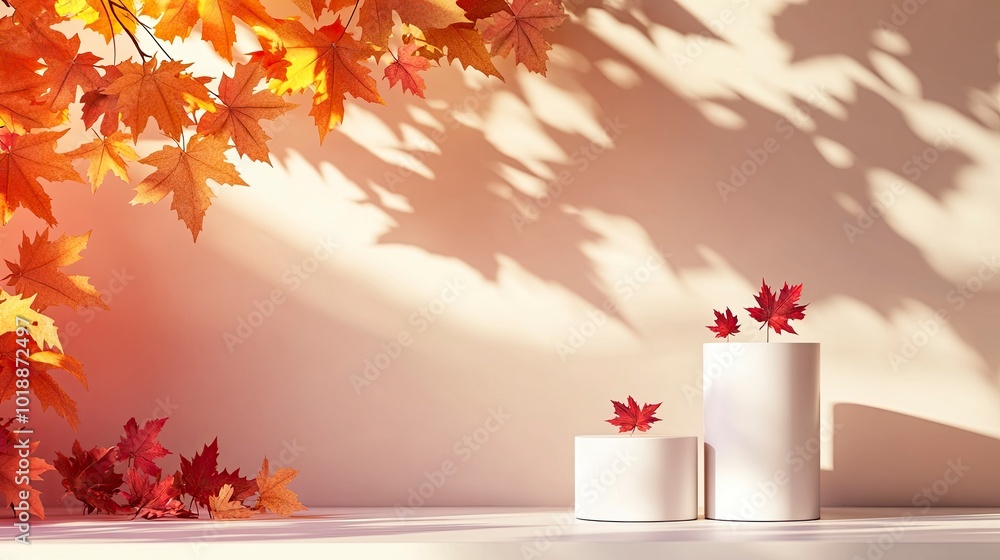 Autumn concept with cylinder podiums for promotion product presentation. Geometric forms and shadow of the maple tree leaves on a wall. Abstract Autumn scene with copy space. generative ai Autumn concept with cylinder podiums for promotion product presentation. Geometric forms and shadow of the maple tree leaves on a wall. Abstract Autumn scene with copy space. generative ai