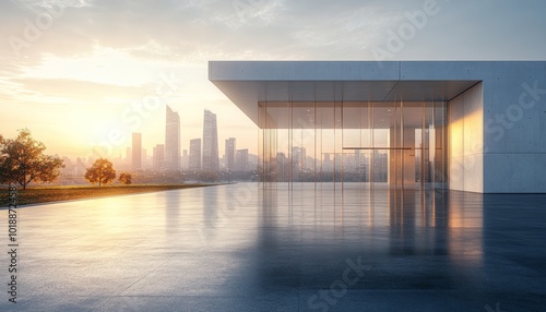 Modern urban architecture with sunset view over a city skyline from a glass b...