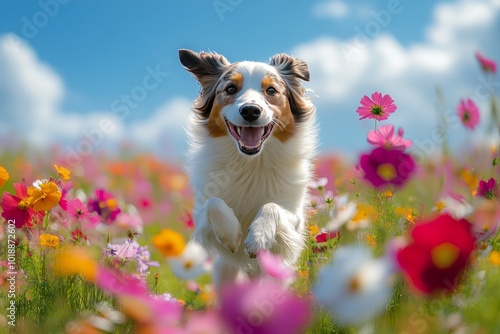 A joyful dog runs through a vibrant field of blooming flowers in springtime s...