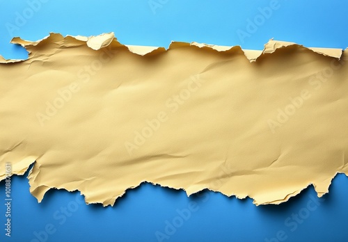 Torn yellow paper against a textured blue background creating a vibrant contr...
