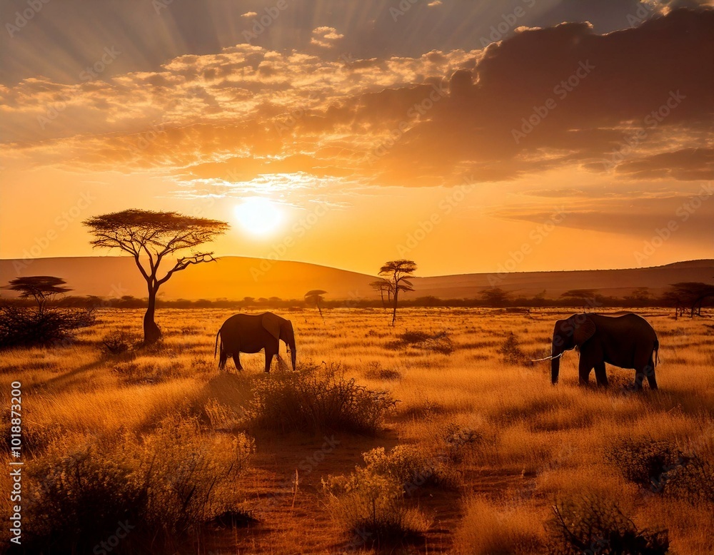 Fototapeta premium Elephants in a Savannah landscape at sunset.