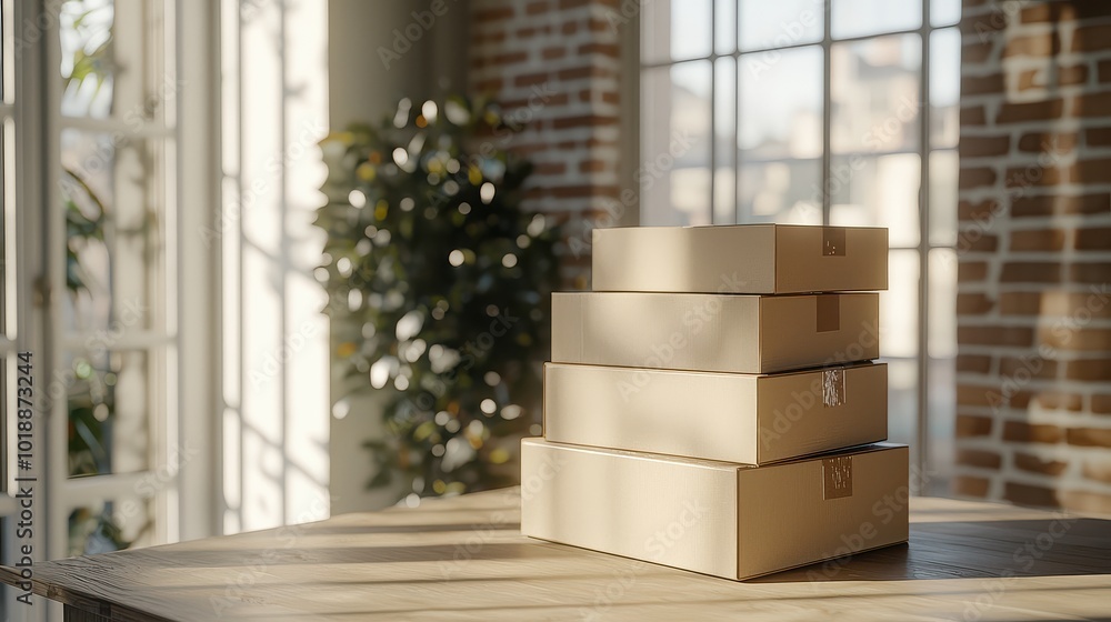 A stack of four cardboard boxes sits on a table in a sunlit room with large windows and greenery in the background.