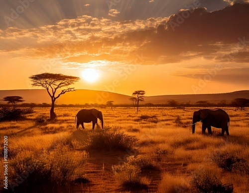 Elephants in a Savannah landscape at sunset.