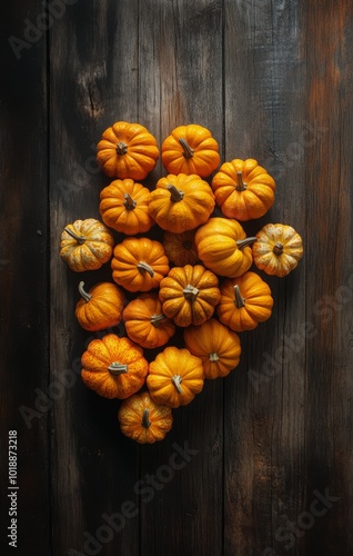 Freshly harvested pumpkins arranged neatly on a rustic wooden table in autumn...