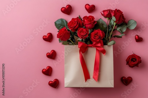 A romantic gift box adorned with red roses and hearts for a special occasion