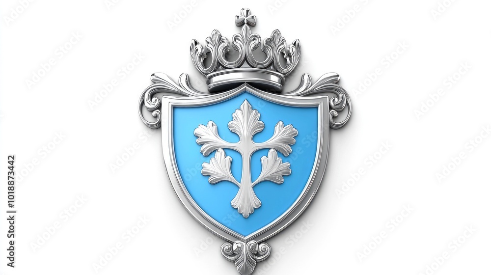 Fototapeta premium A majestic blue shield adorned with silver and crowned, representing noble heritage against a pristine backdrop